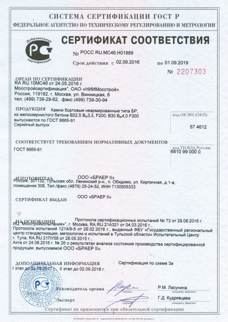Сертификат на камни бортовые неармированные из мелкозернистого бетона ГОСТ 6665-91